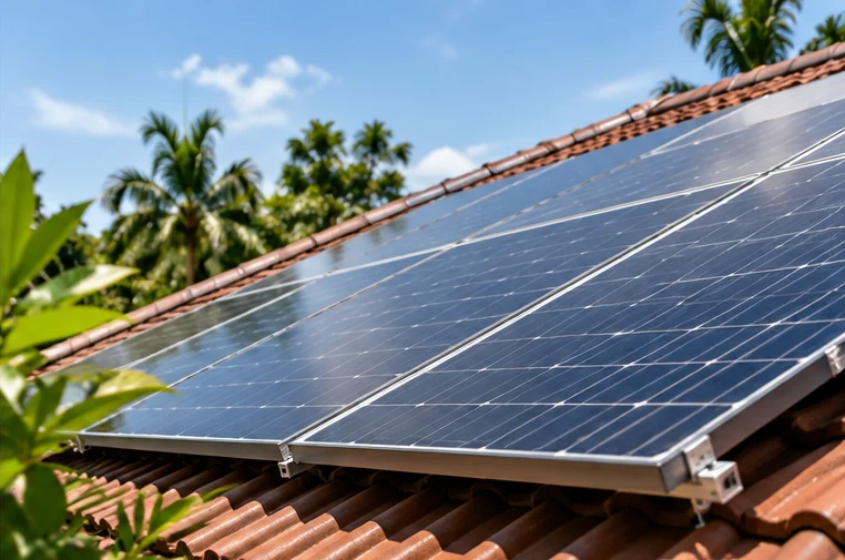 Solar panels on a pitched tiled roof