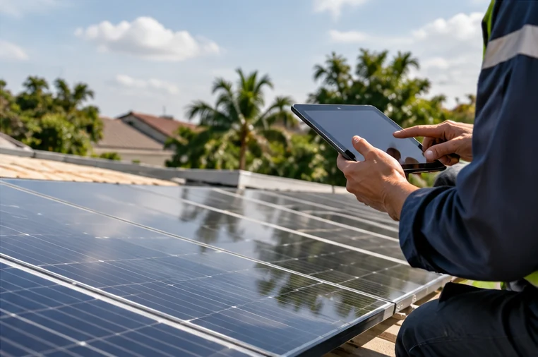 Technician checking solar equipment using a tablet