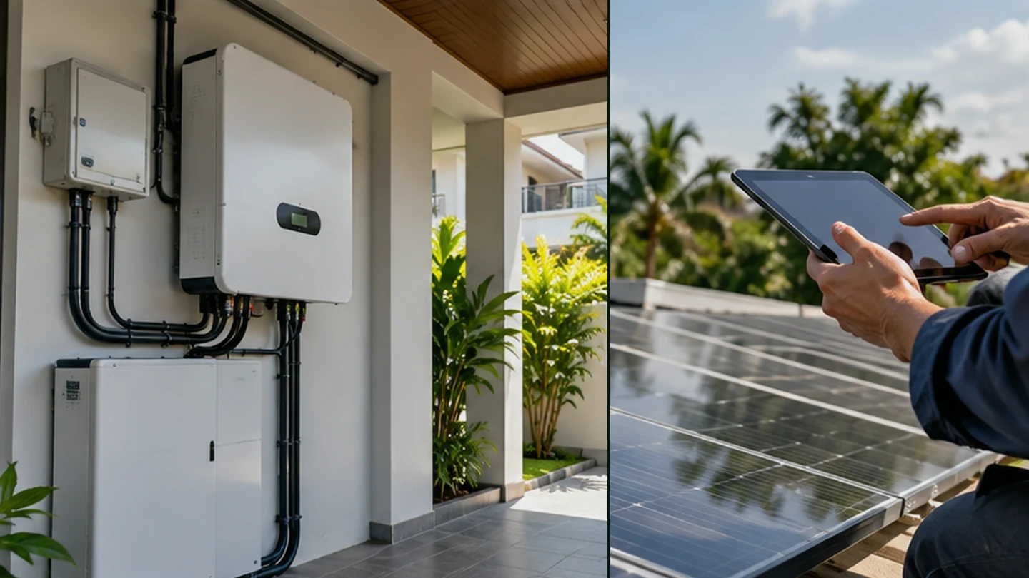 Solar inverter equipment and a technician inspecting panels at a landed home